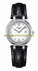 Longines Watches : L8.112.0.16.2 Quartz White Dial Date Diamond Bezel Black Leather Women Watch