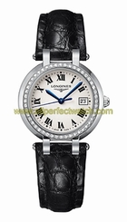 Longines Watches : L8.112.0.71.2 Quartz White Roman Numeral Dial Diamond Bezel Black Leather Women Watch