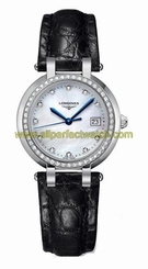 Longines Watches : L8.112.0.87.2 Quartz Mother of Pearl Diamond Dial Diamond Set Bezel Black Leather Women Watch