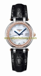 Longines Watches : L8.112.5.89.2 Quartz Mother of Pearl Diamond Dial 18ct Rose Gold Diamond Bezel Black Leather Women Watch