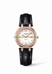 Longines Watches : L8.113.9.16.2 Automatic White Dial Date Diamonds 18ct Rose Gold Bezel Black Leather Women Watch