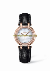 Longines Watches : L8.113.9.87.2 Automatic Mother of Pearl Diamonds Dial 18ct Rose Gold Diamonds Bezel Black Leather Women Watch
