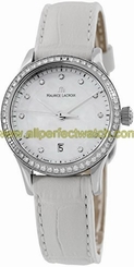 Maurice Lacroix Watches : LC1113-SD501-170 Mother-of-Pearl With 11 Diamond Hour Markers Dial Diamond Bezel White Leather Women Watch