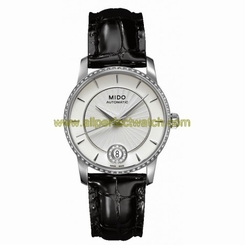 Mido Watches : M007.207.66.036.20 Automatic Silver Dial Stainless Steel Case And Diamonds On Date Dial With Black Leather Strap Women Watch