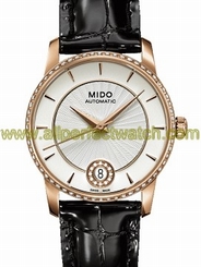 Mido Watches : M007.207.66.036.26 Automatic Silver Dial Stainless Steel Case And Diamonds On Date Dial, PVD Coating Rose Gold With Black Leather Strap Women Watch