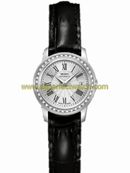 Mido Watches : M010.007.16.033.20 Automatic Silver Dial Stainless Steel Case And Diamonds On Bezel With Black Leather Strap Women Watch