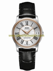 Mido Watches : M010.208.46.033.20 Automatic Chronometer Silver Dial Stainless Steel Case Rose Gold And Stainless Steel Bezel With Black Leather Strap Women Watch