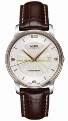 Mido Watches : M010.408.46.037.10 Automatic Chronometer White Arabic Numeral Dial Stainless Steel Case Rose Gold PVD Coating 18ct Steel Bezel With Brown Leather Strap Men Watch