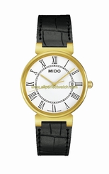 Mido Watches : M1130.3.26.4 Quartz White Dial Roman Numerals PVD Gold Coating Bezel Black Leather Men Watch