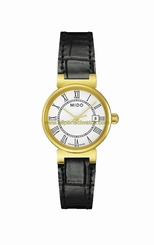 Mido Watches : M2130.3.26.4 Quartz White Dial Roman Numerals PVD Gold Coating Bezel Black Leather Women Watch