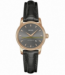 Mido Watches : M7600.3.13.4 Automatic Black Dial Stainless Steel Case PVD Rose Gold Coated Bezel With Black Leather Strap Women Watch