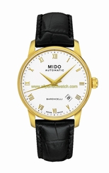 Mido Watches : M8600.3.26.4 Automatic White Dial Roman Numerals Date PVD Gold Coating Bezel Black Leather Men Watch