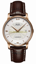 Mido Watches : M901.408.76.037.10 Automatic Chronometer Silver Dial Stainless Steel Case And 18ct Rose Gold Bezel With Brown Leather Strap Men Watch
