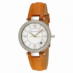 Michael Kors Watches : MK2542 Quartz Mother of Pearl Dial Date Crystal Bezel Brown Leather Women Watch