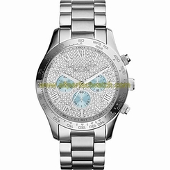 Michael Kors Watches : MK6076 Silver Crystal Pave Dial Fixed Stainless Steel With Tachymeter Band Women Watch