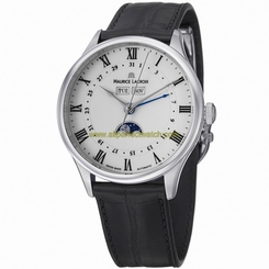 Maurice Lacroix Watches : MP6607-SS001-112 Automatic Day Date Month Moon Phase Roman Numeral White Dial Leather Men Watch