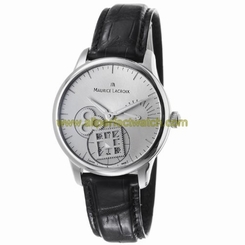 Maurice Lacroix Watches : MP7158-SS001-901 Mechanical Hand Wind Silver Dial Power Reserve Black Leather Men Watch
