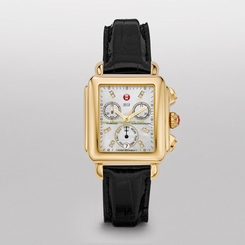 Michele Watches : MWW06P000038 Battery Operated Quartz Polished Yellow Gold Tone White Mother Of Pearl Diamond Dial Black Alligator Leather Band Women Watch