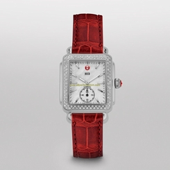 Michele Watches : MWW06V000007 Battery Operated Quartz Polished Stainless Steel White Mother Of Pearl Dial Red Alligator Leather Band Men Watch