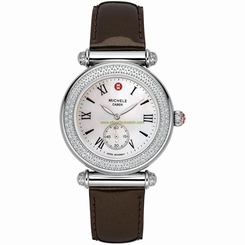Michele Watches : MWW16A000010 Battery Operated Quartz Polished Stainless Steel White Mother Of Pearl Dial Espresso Patent Leather Band Men Watch
