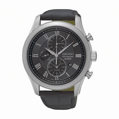 Seiko Watches : SNAF71P1 Quartz Chronograph Alarm Black Leather Men Watch