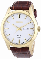 Seiko Watches : SNE366P2 Solar White Dial Day Date Brown Leather Men Watch