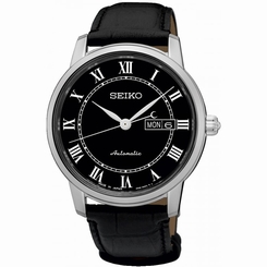 Seiko Watches : SRP765J2 Automatic Roman Numerals Dial Day Date Black Leather Men Watch