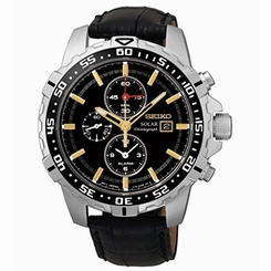 Seiko Watches : SSC303P1 Solar Alarm Chronograph Date Black Leather Men Watch