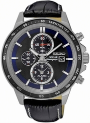 Seiko Watches : SSC437P1 Solar Chronograph Date Black Leather Men Watch