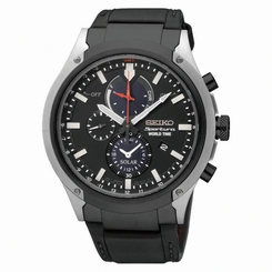 Seiko Watches : SSC483P1 Solar Chronograph World Time Black Leather Men Watch
