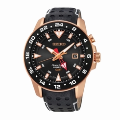 Seiko Watches : SUN028P1 Kinetic GMT Date Black Leather Men Watch