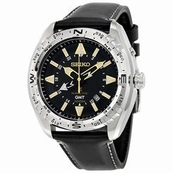 Seiko Watches : SUN053P1 Kinetic GMT Date Black Leather Men Watch