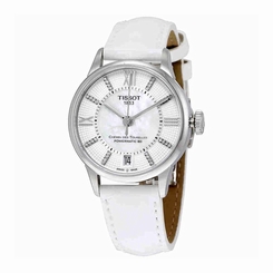 Tissot Watches : T099.207.16.116.00 Chemin Des Tourelles White Mother of Pearl Diamond Dial White Leather Women Watch