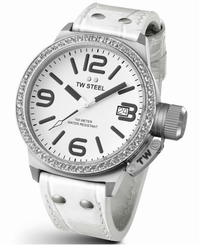 TW Steel Watches : TW35 Quartz White Dial Date Swarovski Crystal Bezel White Leather Unisex Watch