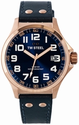 TW Steel Watches : TW405 Quartz Blue Dial Date PVD Rose Gold Tone Plated Bezel Blue Leather Men Watch