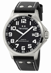 TW Steel Watches : TW409 Quartz Black Dial Date Black Leather Men Watch