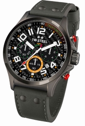 TW Steel Watches : TW431 Quartz Chronograph Black Dial Date PVD Plated Titanium Bezel Gray Leather Men Watch