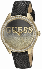 Guess Watches : U0823L6 Quartz Analog Crystal Bezel Black Leather Women Watch