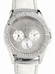 Guess Watches : U11517L1 Quartz Silver Dial Stainless Steel Case With White Leather Strap Women Watch