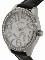 Guess Watches : U95096L1 Japanese Quartz Stainless White Dial Stainless Steel Case With Black Leather Strap Women Watch