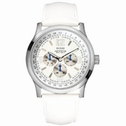 Guess Watches : U95101G3 Stainless Steel Case With Genuine White Leather Strap Stainless Steel Men Watch