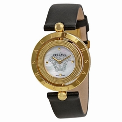 Versace Watches : V79020014 Quartz Mother of Pearl Dial Black Leather Women Watch