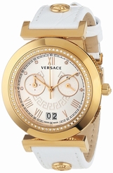 Versace Watches : VA9070013 Quartz Chronograph Date Diamond Bezel White Leather Women Watch