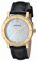 Versace Watches : VQA020000 Quartz Mother of Pearl Diamond Accented Black Leather Women Watch