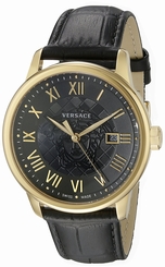 Versace Watches : VQS020015 Quartz Roman Numerals Dial Date Black Leather Men Watch