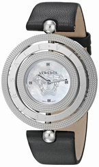 Versace Watches : VQT010015 Quartz Mother of Pearl Dial Black Leather Women Watch