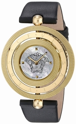 Versace Watches : VQT020015 Quartz Mother of Pearl Dial Black Leather Women Watch