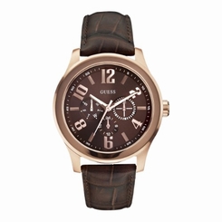 Guess Watches : W0008G3 Japanese Quartz Brown Dial Rose Gold PVD Stainless Steel Case With Brown Leather Strap Men Watch