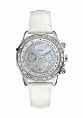 Guess Watches : W0017L1 Quartz White Mother Of Pearl Dial Staiknless Steel Case With White Leather Strap Women Watch