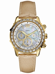 Guess Watches : W0017L2 Quartz White Mother Of Pearl Dial Stainless Steel Case With Beige Leather Strap Women Watch